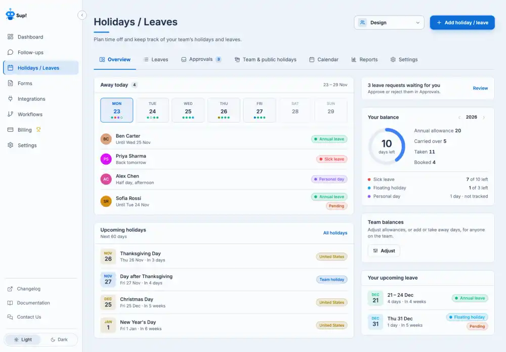 Sup! Holidays / Leaves overview showing who’s away today, upcoming holidays, and leave balances